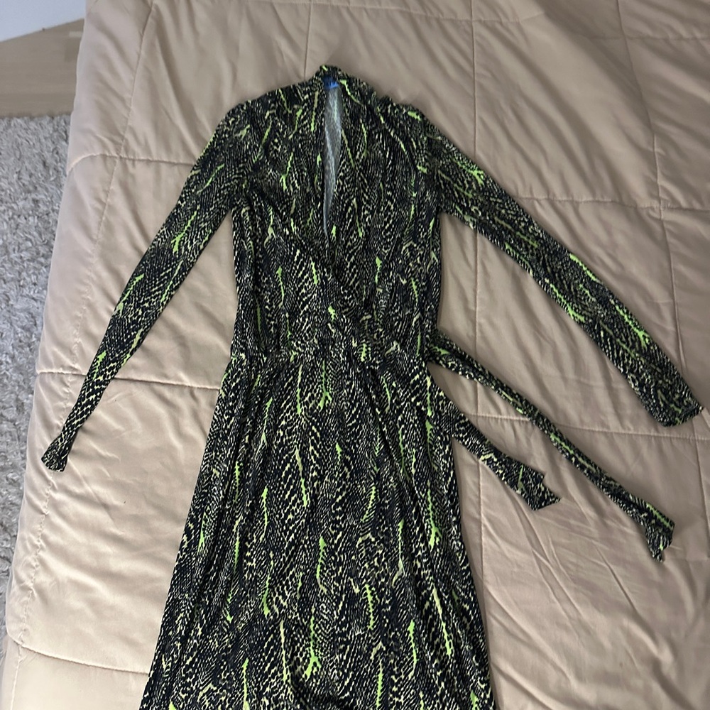 Tahari Green and Gold Sequin Wrap Dress